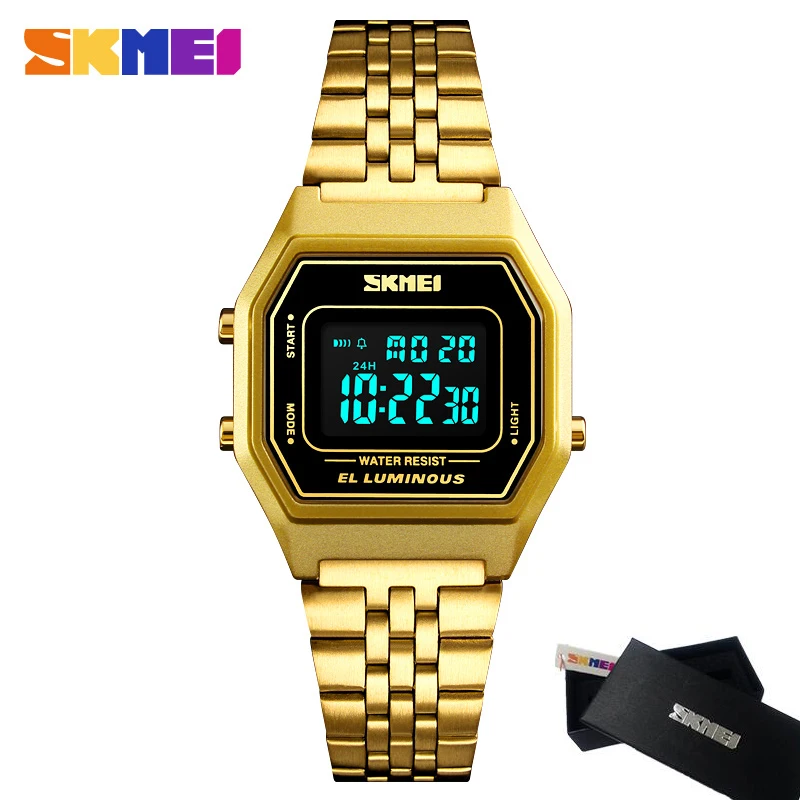 Goedkoop SKMEI vrouwen Eenvoudige Digitale Horloges Fashion Vrouwen Rvs Casual Horloge 30 m Waterdichte LED Klok Relogio Reloj