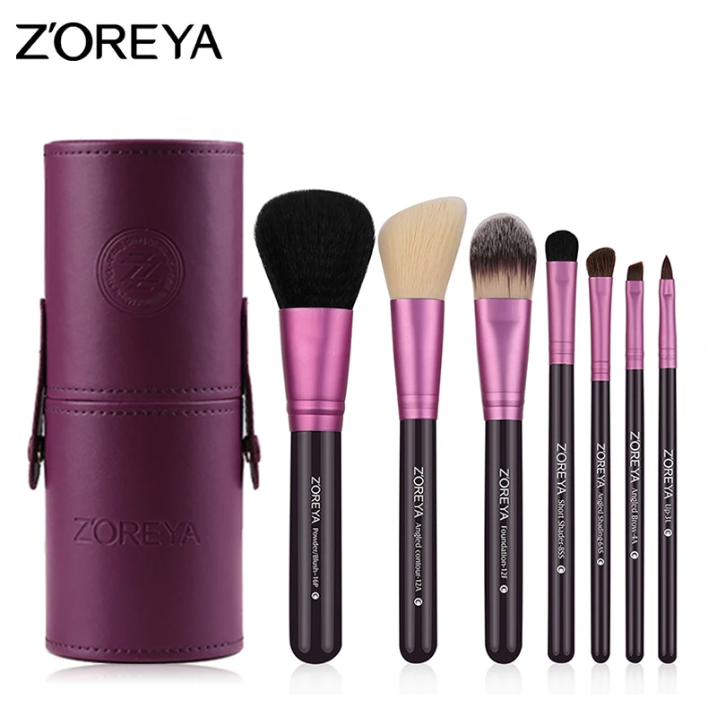 Цена Zoreya 7 шт. компл. натурального козьего волоса высокое качество профессиональных кистей для макияжа губ Румяна Пудра Eye Shadow макияжа Инструмент...