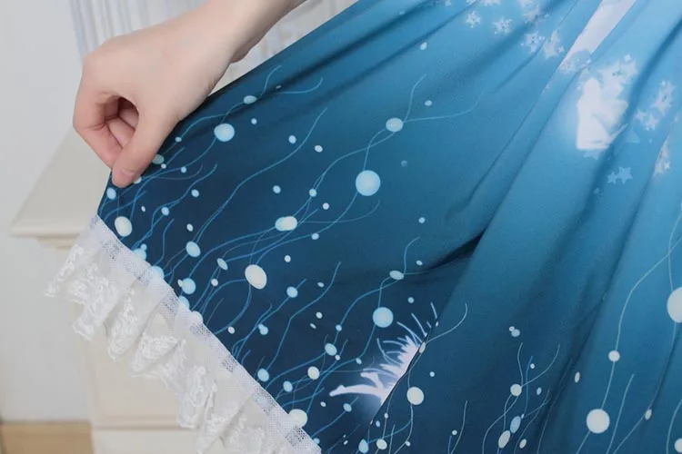Сказочная плиссированная кружевная юбка до колена в стиле Лолиты; королевская юбка принцессы для костюмированной вечеринки; Небесно-голубая Юбка со звездным эльфом; юбки с волшебным принтом светлячков