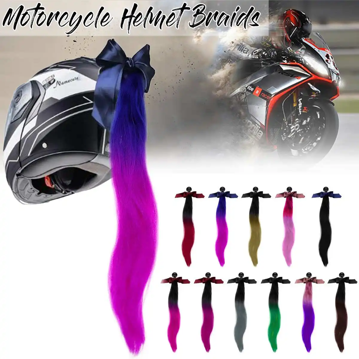 

24" Motorcycle Bike Gradient Ramp Helmet Horn Sucker Removable Braid Pigtail Ponytail