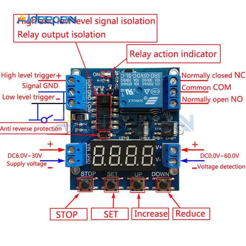С источником питания от постоянного тока, 6 V-30 V 1 канал выдержкой времени триггерный релейный модуль Высокий Низкий триггер с синхронизации/счетчик/Напряжение обнаружения Функция Цепь выключателя