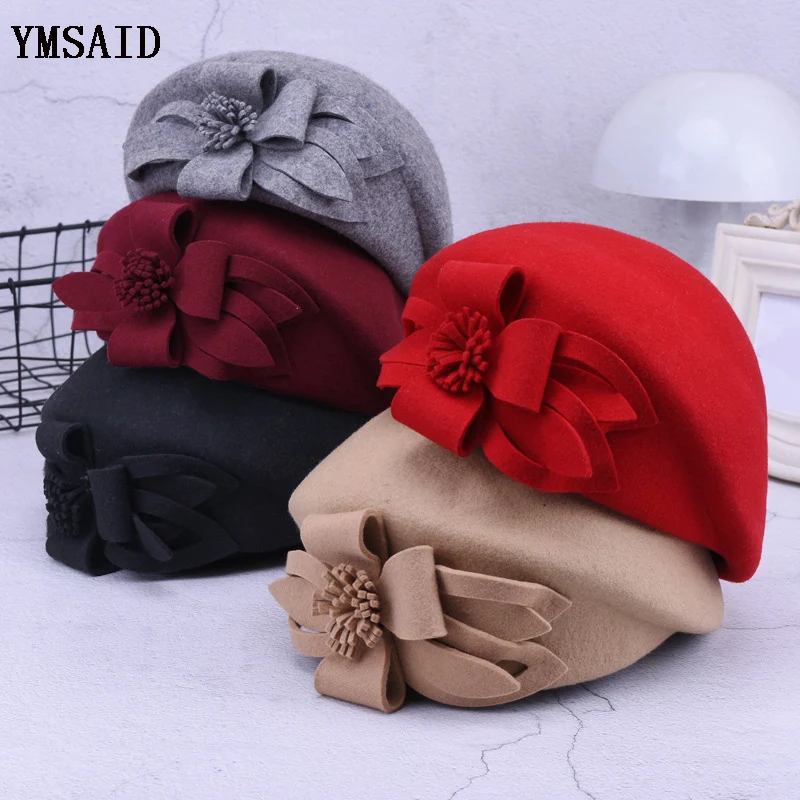 

2021 New Wool Beret Winter Berets Women Fashion Felt Floral Female French Elegant Beanie Fedora Hat Beanie Autumu Flower