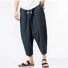 Мужские брюки с широким шаговым швом, свободные летние брюки, брюки из льна и хлопка, удобные шаровары в винтажном стиле, Мужские штаны для бега