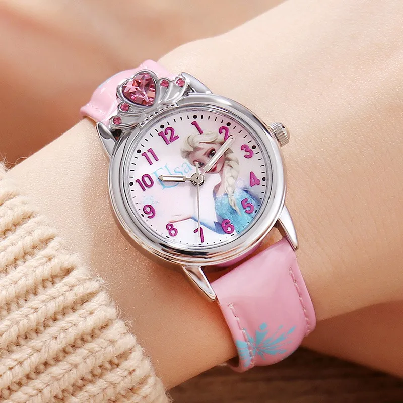 Холодное сердце Эльза Принцесса милашки Девушки Кожа Кварцевые розовый синий Стразы модные простые часы Дисней Дети Малыш часы для студента