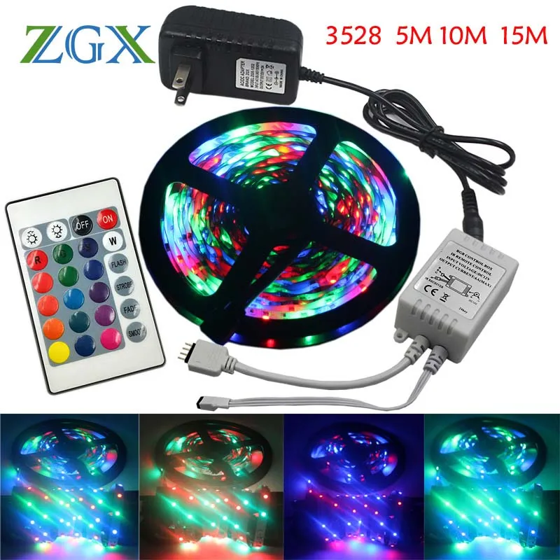 

SMD3528 RGB LED Strip 60led/M 5M 10M 15M Decor diode Flexible tape ribbon tiras lamp Waterproof 24Key DC12V adapter kit holiday