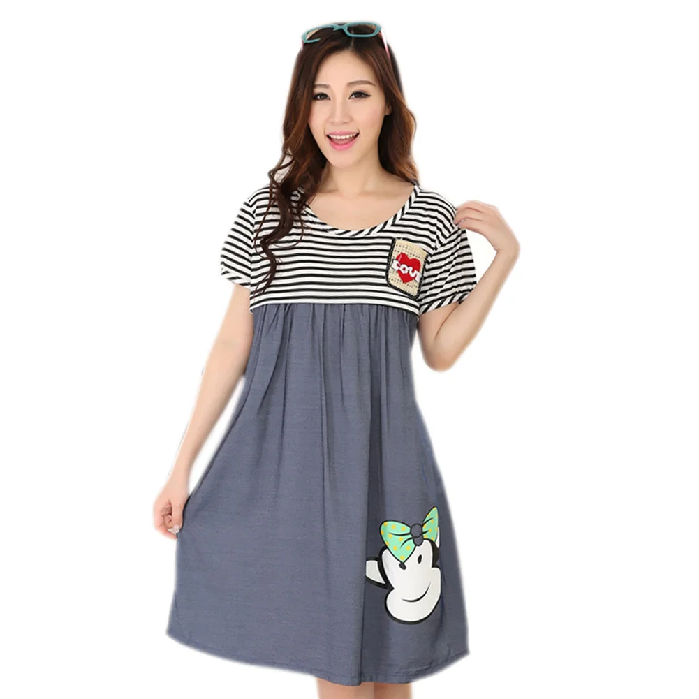

Pregnant Denim Dress Summer Cartoon Pattern Short Sleeves Cotton Round Neck 998