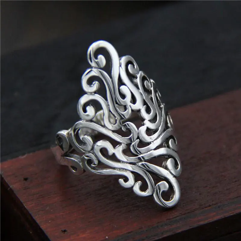 

Anenjery Vintage Fashion 925 Sterling Silver Domineering Palace Opening Rings For Men Women Hollow Carved Pattern Ring S-R265