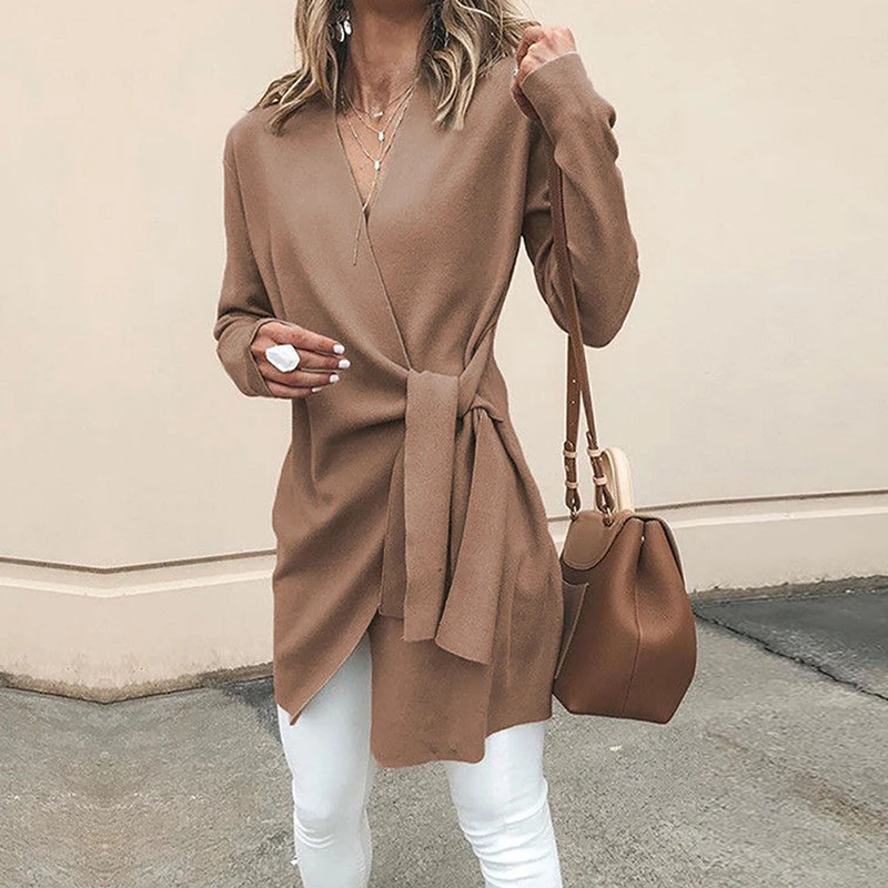 

Women's Cardigan Spring Autumn Fashion Casual Long Sleeve Jackets With Belt Lace Up Outwear Heigh Quality Office V Neck Jacket