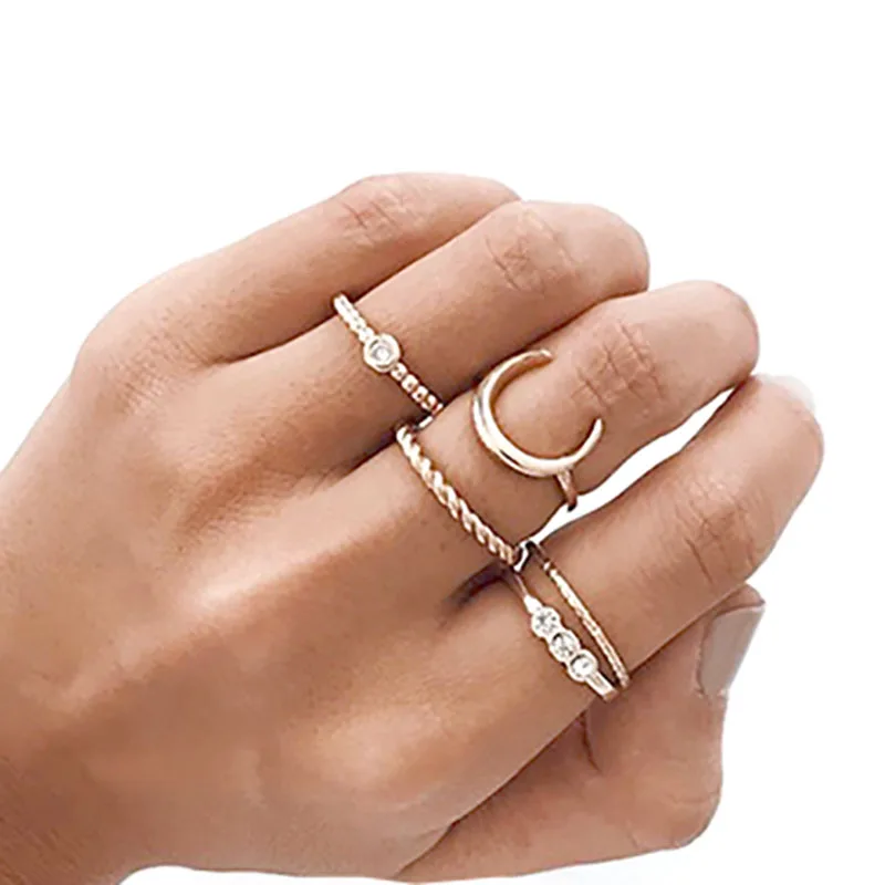 

Gold Color Charm Midi Finger Ring Set For Women Moon Crystal Knuckle Party Rings Punk Jewelry Gift 5 Pcs/Set Wholesale