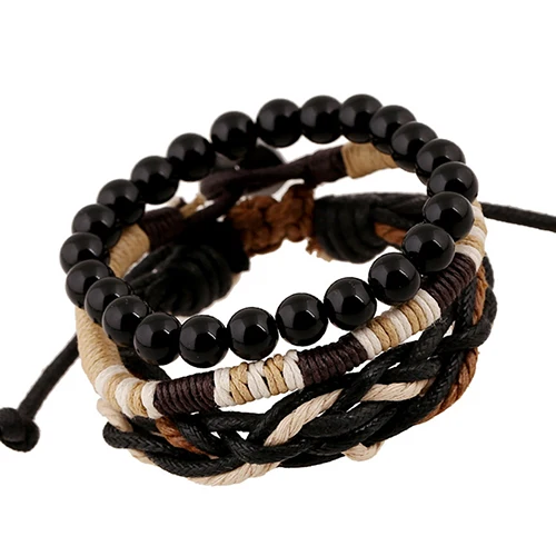 

New and fashion Men's 3 Pcs Punk Style Wood Beads Knitted Leather Bangle Wax Rope Cuff Bracelets