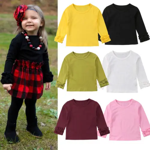 New Spring Fall Style Kid Baby Girl Cotton Ruffle Long Sleeve T-shirt Solid Crew Neck Children Clothing Toddler Infant Outfit | Детская