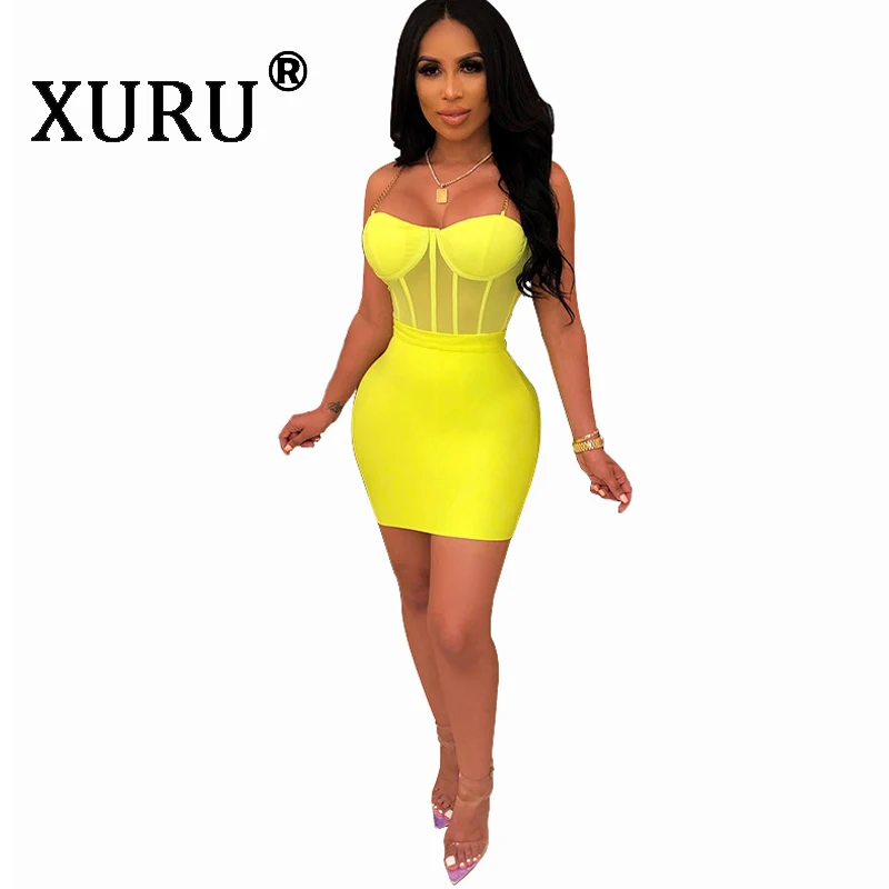 

XURU summer new women's mesh dress two-piece fashion casual sexy strap dress suit