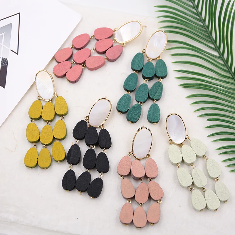 

Handmade Wooden Earrings for Women Statement Long Earring Multi-colors Korean Wood Earing Boho Jewelry Pendientes Madera