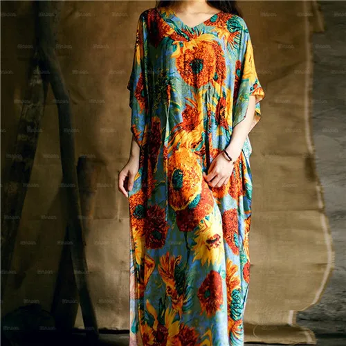 Buy Cheap 2017 Bohemian Beach Kaftan Ethnic Cotton Rayon Maxi Dress Women Vintage V-neck Tunic Boho Casual Floral Printed Long Dress #A175