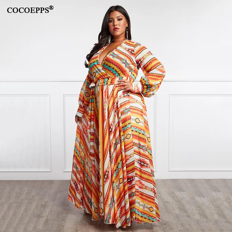 

COCOEPPS 5XL Plus Size Maxi Chiffon Dress Autumn Women Loose dress Deep V neck Big Large Size Female Bohemian Party Vestido 2019