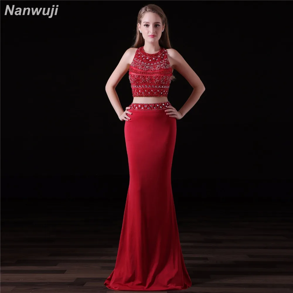 

Two Pieces Chiffon Evening Dress Red Crop Top Mermaid Evening Dresses See Through Skirt