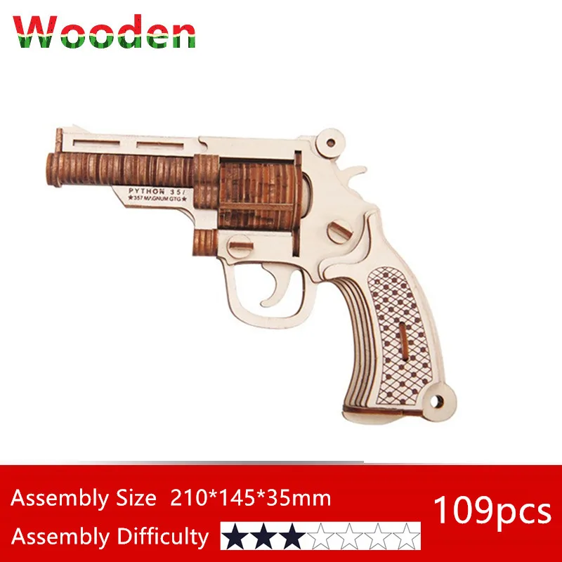 

Laser Cutting 3D Wooden Puzzle Woodcraft Assembly Kit Military Revolver Black Shark Model For Hobby Collector Kids Teens Toys