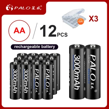 

PALO 12Pcs AA Batteries NI-MH 3000Mah 1.2V aa Rechargeable Battery Batteries nimh 2A Bateria Baterias with Battery Hold Case Box