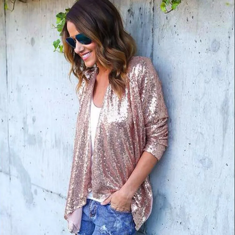 Feitong Women Sequined Irregular Cardigan Tops Long Sleeve Solid Cover Up Blouse Camisas Femininas Manga Longa