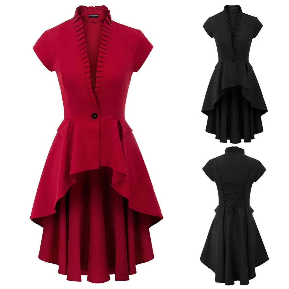 

Womens Gothic Steampunk Tail Vamp Long Victorian Waterfall Short Sleeve Jacket Top Scarlet Darkness