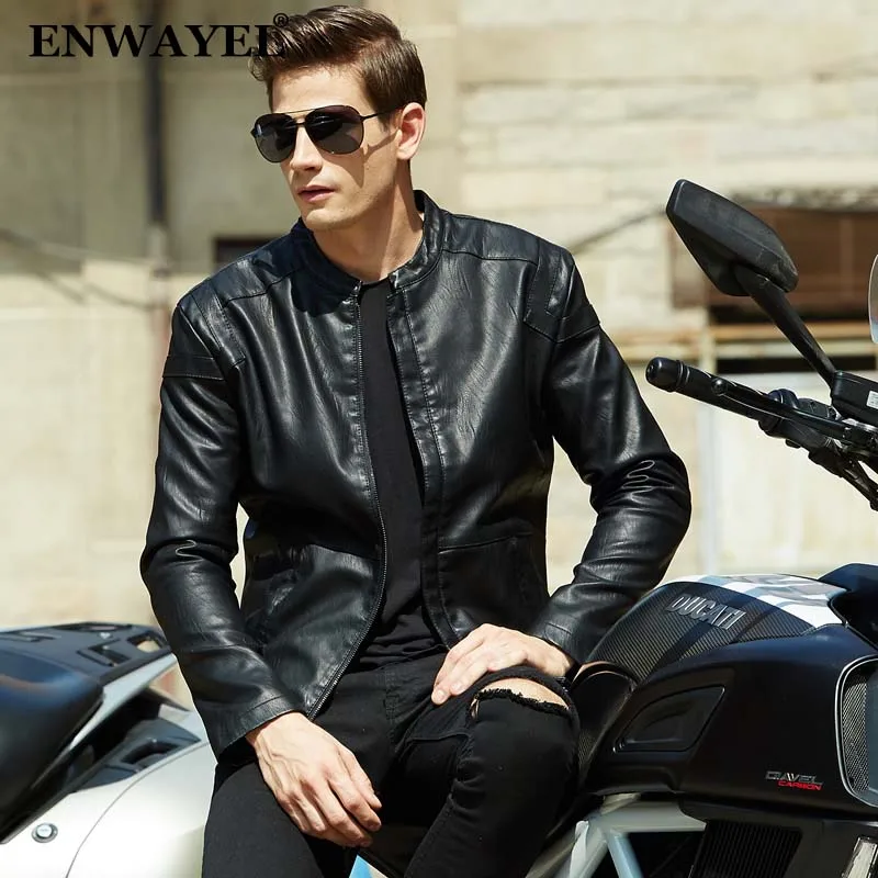 ENWAYEL осень-зима Moto Винтаж PU Искусственная кожа куртка Для мужчин Повседневное