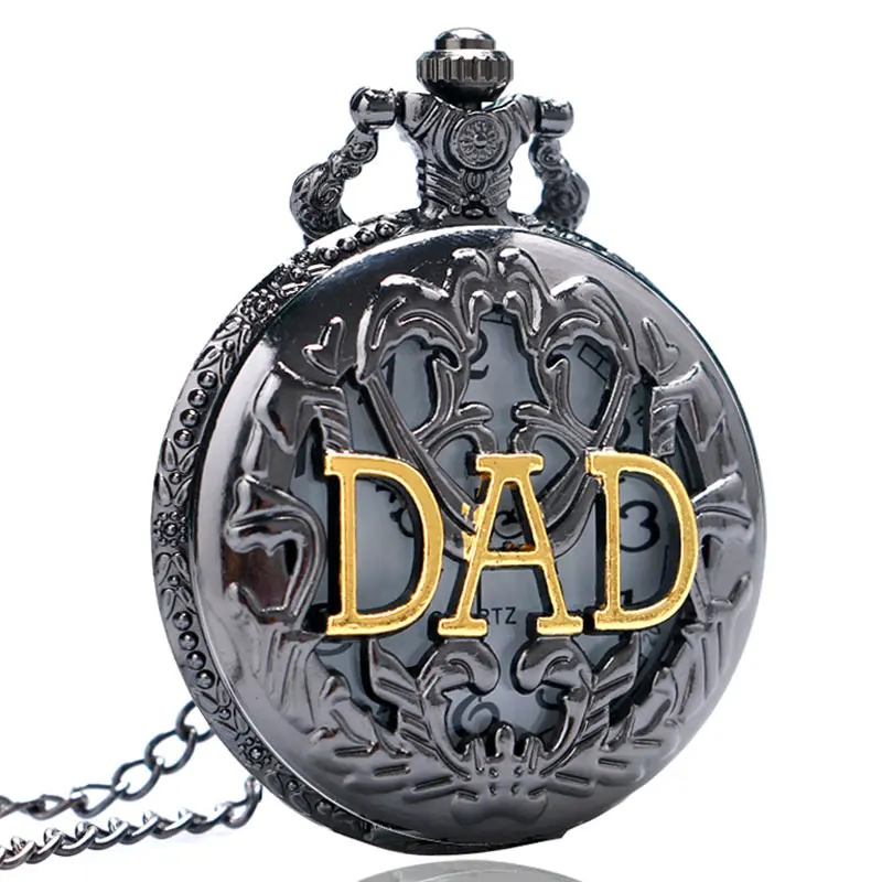 

Regalo para el padre Black Hollow DAD Design Quartz Pocket Watch with Necklace Chain Gift for Father Dad Fob Watches