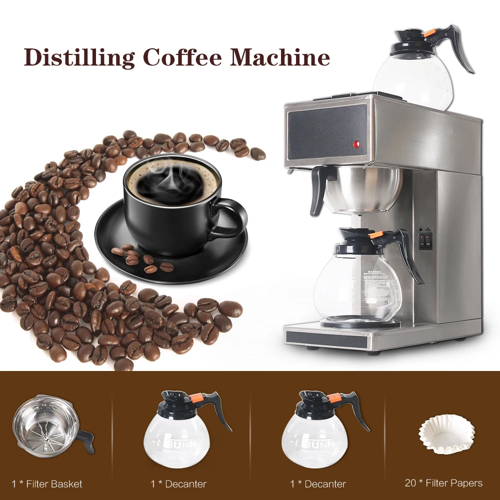 Автоматическая кофемашина электрическая дистилляционная Кофеварка Коммерческая Бытовая американо кофеварка с 2 шт 1.8л графин