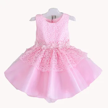 

2-12T Pink Champagne Lace Flower Girls Princess Dresses for Wedding 2016 Summer New O-Neck Sleeveless Ball Gowns Party Frocks