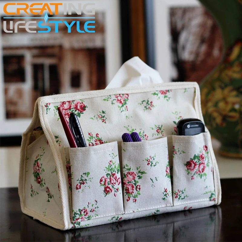 Flowers Pattern Tissue Box 6 Pocket Linen Fabric Tissue