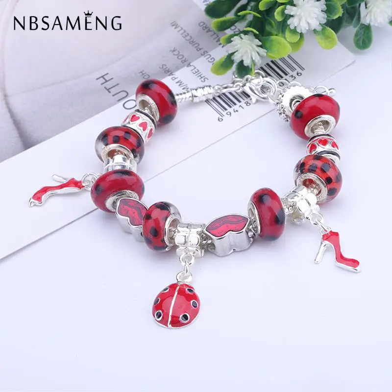 

Silver Plated Bead Alloy Bracelet Red Fantasy Ladybug Snake Chain Basic Charm Bracelet For Fashion Women DIY Jewelry Gift