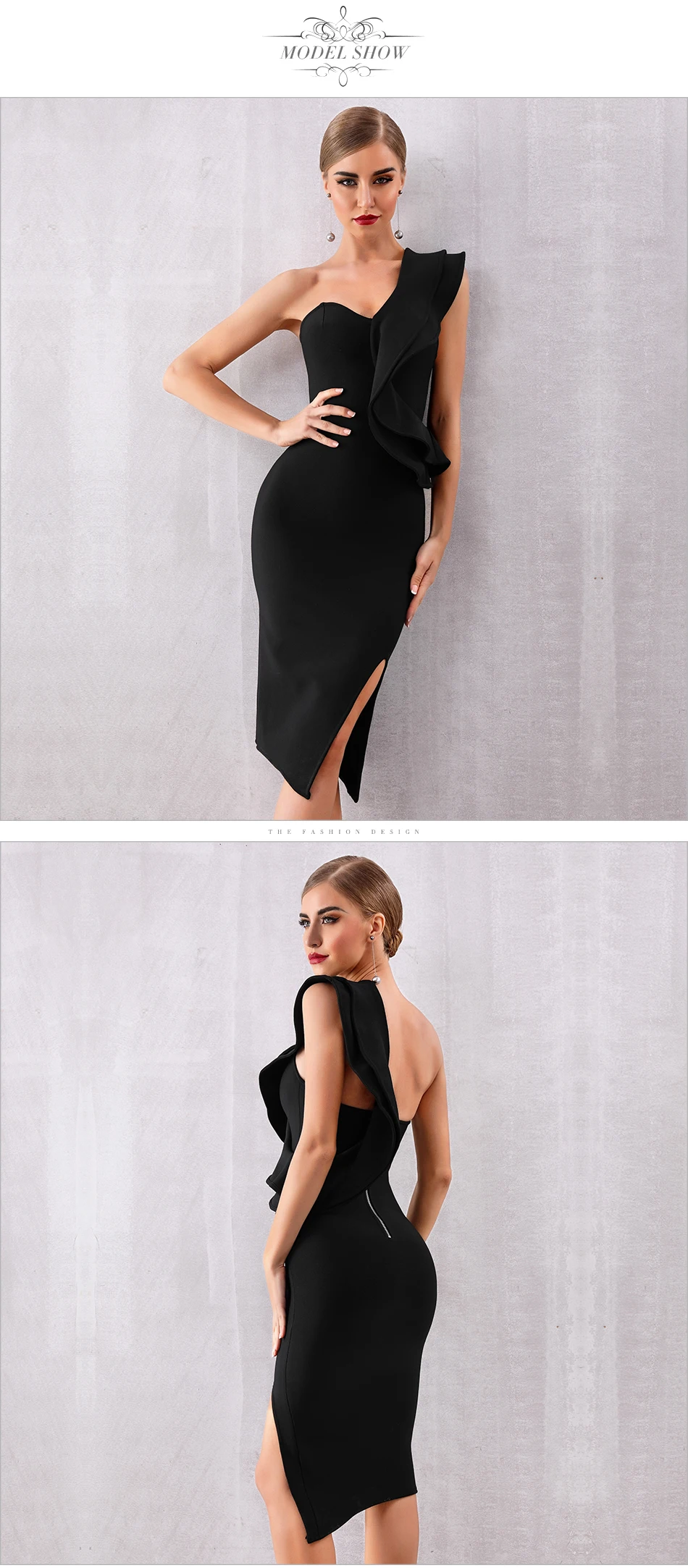 Little Black One Shoulder Ruffles Bodycon Dress