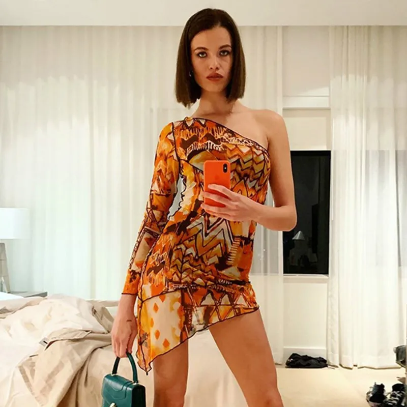 

NCLAGEN 2019 Women Sexy Irregular One Shoulder Print Mesh Dress Long Sleeve Party Night Club Bodycon Female Slim Vestidos Dress