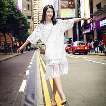 Осенне-летнее Новое Европейское винтажное белое кружевное свободное женское платье с кисточками на подоле свободное повседневное женское маленькое свежее милое платье