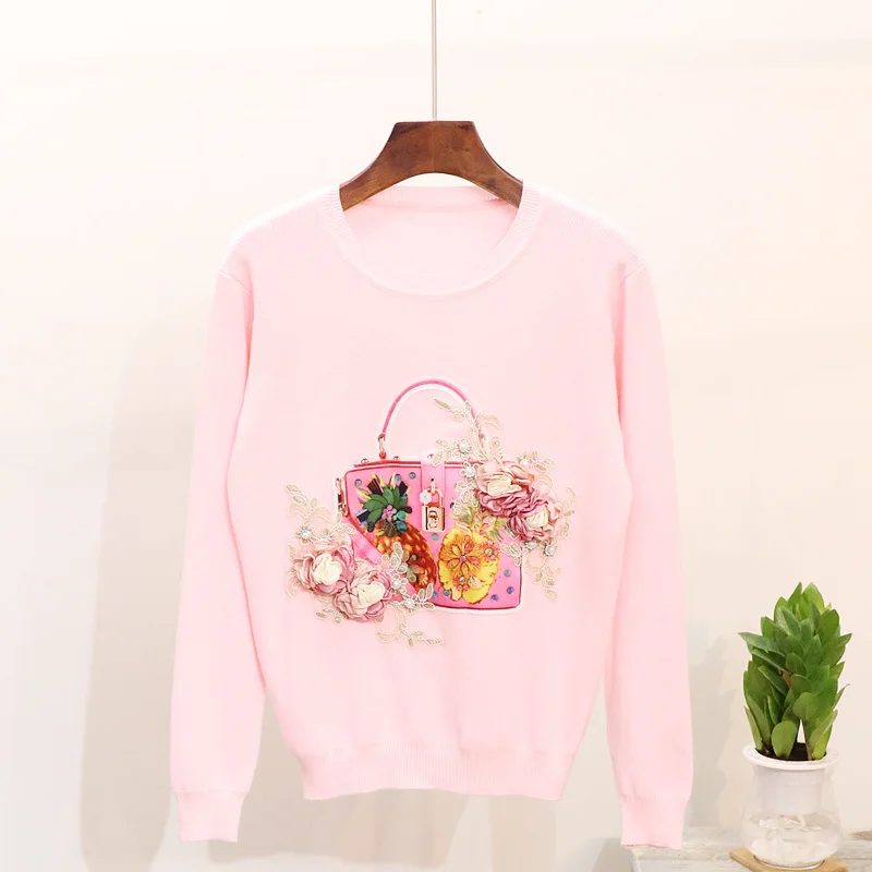 Black Women Knit Sweater 2018 Autumn Beaded Stereo Flower Fashion Bag Print Harajuku Long Sleeve Pullover Knit Sweater Female Sweaters