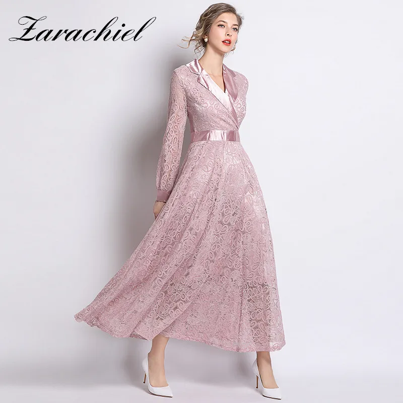 

Elegant Slim High Waist Satin Patchwork Notched Collar Vintage Pink Lace Dress 2019 Spring Hollow Out A-Line Women Long Dress