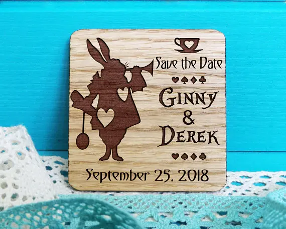 

customize Alice in Wonderland rustic Wedding wooden Save the Date Magnets bridal shower party favors company gifts invitations