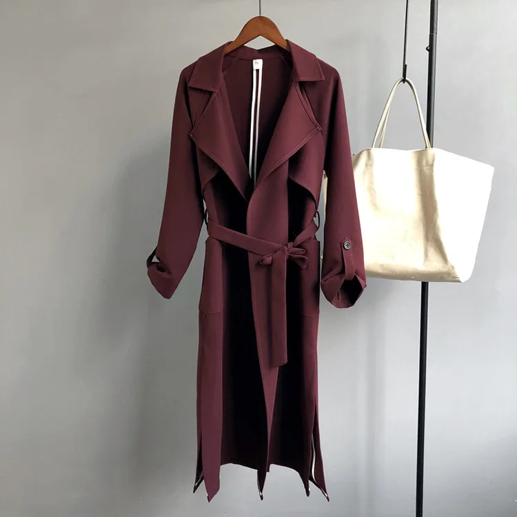 2019 женский весенний Тренч элегантное женское длинное пальто Casaco Feminino Топы для женщин Открытый стежок бордовый Тренч Верхняя одежда