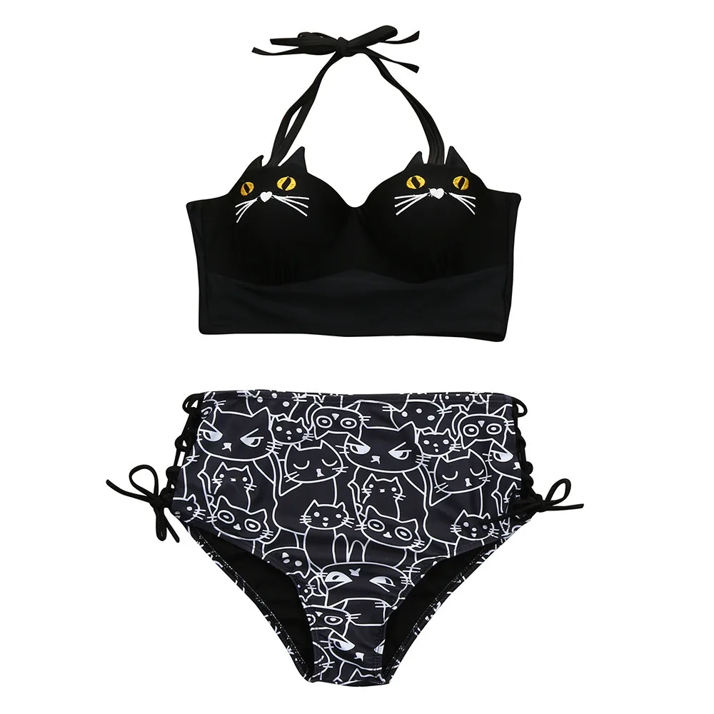 

2 Piece Swimsuit Women High Waist Halter Kitty Pattern Bikini Set Underwire Push up Padded Swimsuit Bathing Suit ja10ja24
