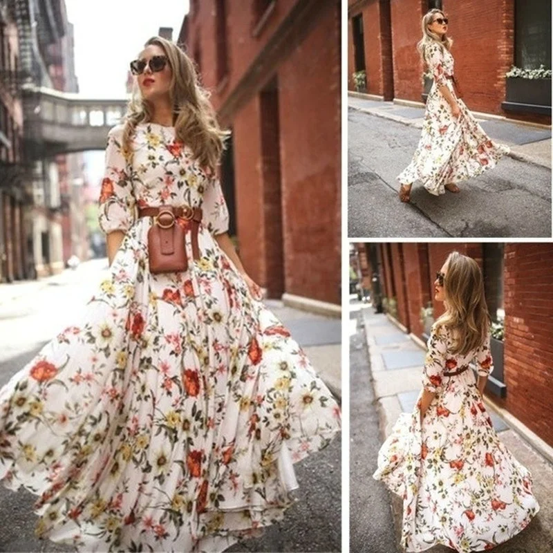 

Womens Summer Floral Printed Bohemian Dress Mid Sleeve Long Dress Beach Dresses(the Waist Bag Not Include)