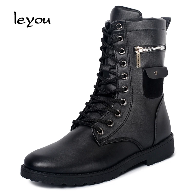 Leyou Winter Autumn Boots Men Mid Calf Leather Boo...