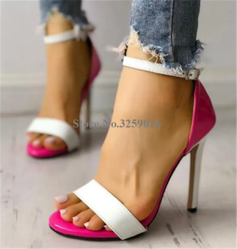

Women Beautiful Open Toe One Strap Stiletto Heels Patchwork Ankle Strap Buckle High Heel Sandals Dress Heels Wedding Shoes