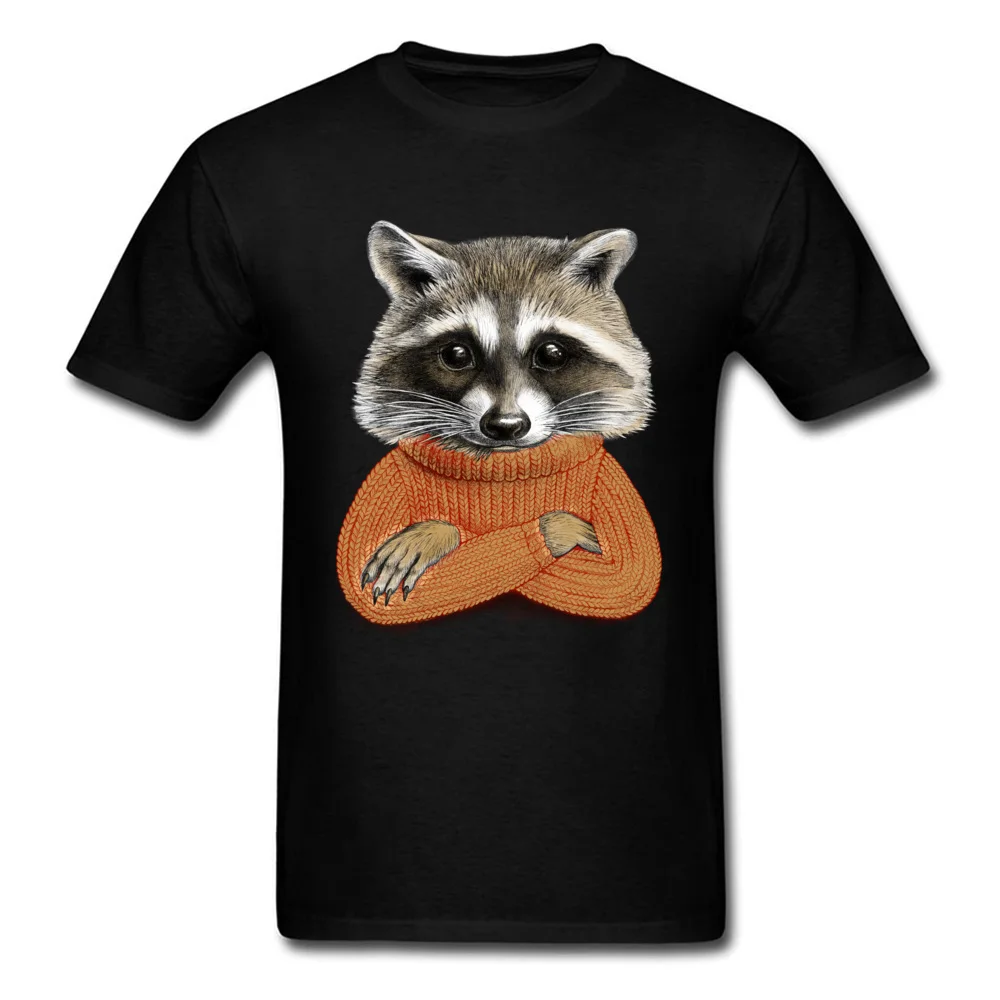 Normal Short Sleeve Tops Shirt Summer/Fall O-Neck 100% Cotton Men Tshirts Raccoon in winter sweater Normal Tee Shirts Fashion Raccoon in winter sweater black