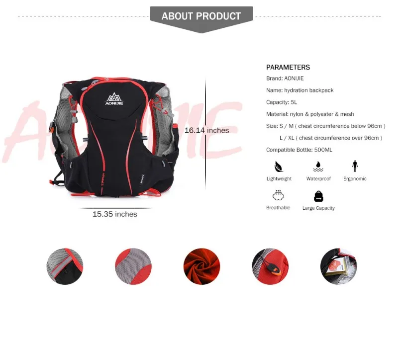 AONIJIE 5L Running mochila hidratación al aire libre deporte mochila agua súper ligero bolsa corriendo Chaleco de Ciclismo de escalada Camping