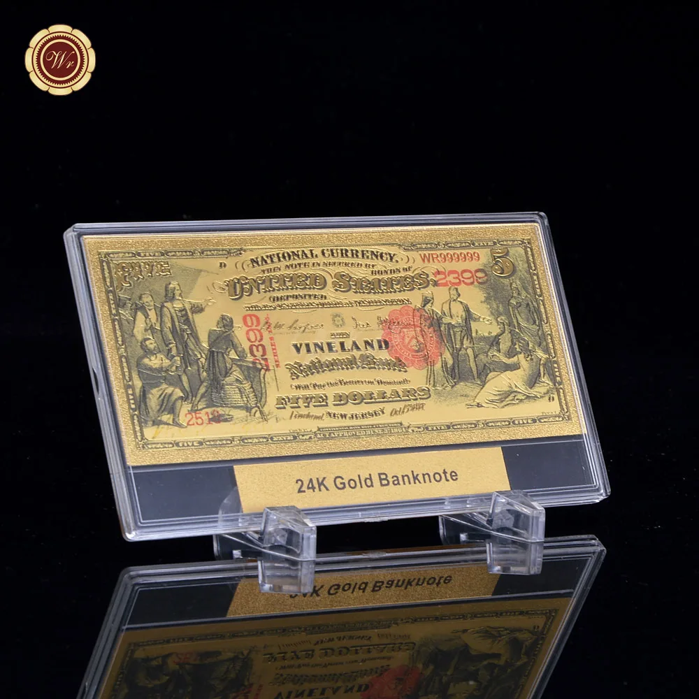 

WR Quality Gold Banknote 1875 Years $5 Dollar US National Note Plastic Money Bill Nice Details + Free Gifts Display Frame