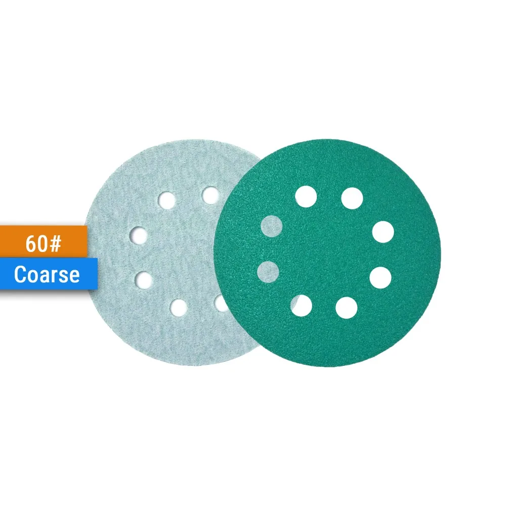 10PCS 5 Inch(125mm) 8-Hole Polyester Film Wet/Dry Hook & Loop Flocking Green Sanding Discs Paint Abrasive Sandpaper, 60#-2000#