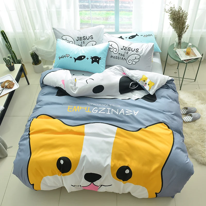 

Yellow puppy print Cartoon style bedding set cotton fabric 3/4pcs Twin Queen Size duvet cover flat sheet pillowcase