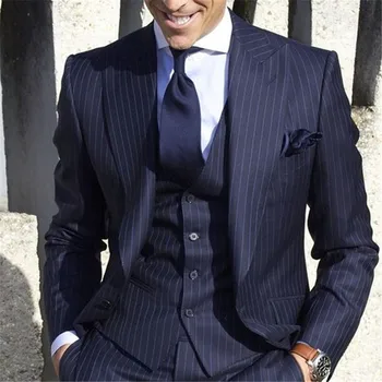 

2019 Top Quality Brand Men Suits Stripe Men's Blazer Slim Fit Wedding Male Groom Tuxedos suit Prom Jacket+Pants+Vest+Tie 3 Piece