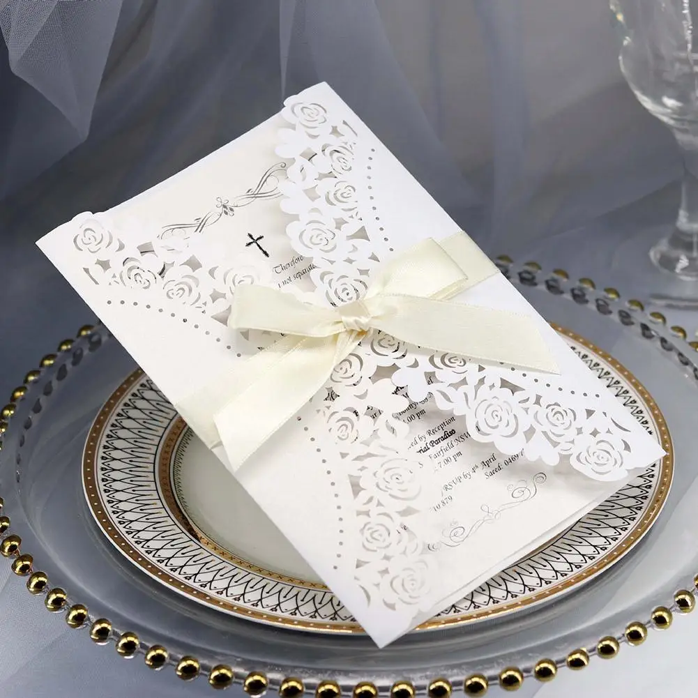  10PCS/ Set European Style Elegant Invitation Cards Rose Greeting Bowknot Hollow Print Envelopes Wed - 33031223318