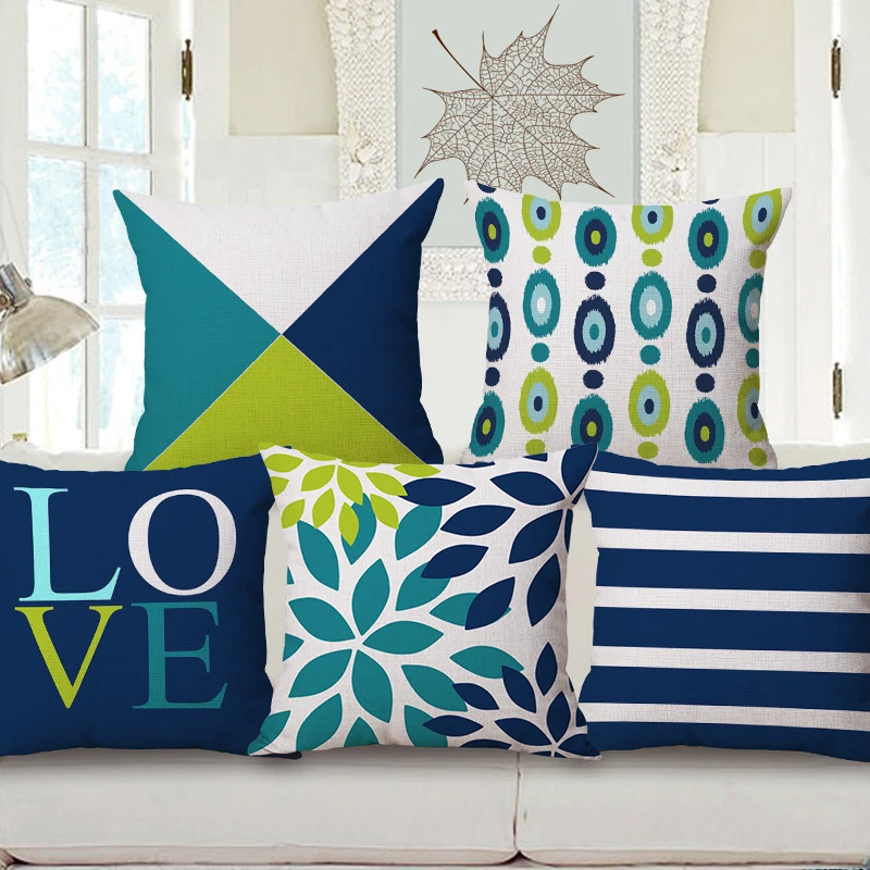

Geometric Triangles Cushion Cover Green and Blue Color Plaid Pillow Cover Thick Linen Pillow Case Bedroom Decor
