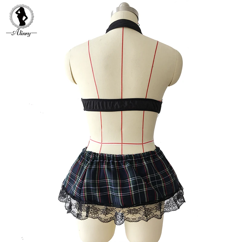 ALINRY plus size sexy lingerie women plaid student uniform erotic underwear sleepwear cosplay hollow-out halter sexy costumes